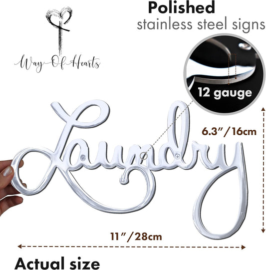 Metal Laundry Sign for Wall Decor - Silver, 11 X 6.3 Inches Laundry Room Decor - Hand Polished Stainless Steel with Installation Kit - Metal Script Words Decoration