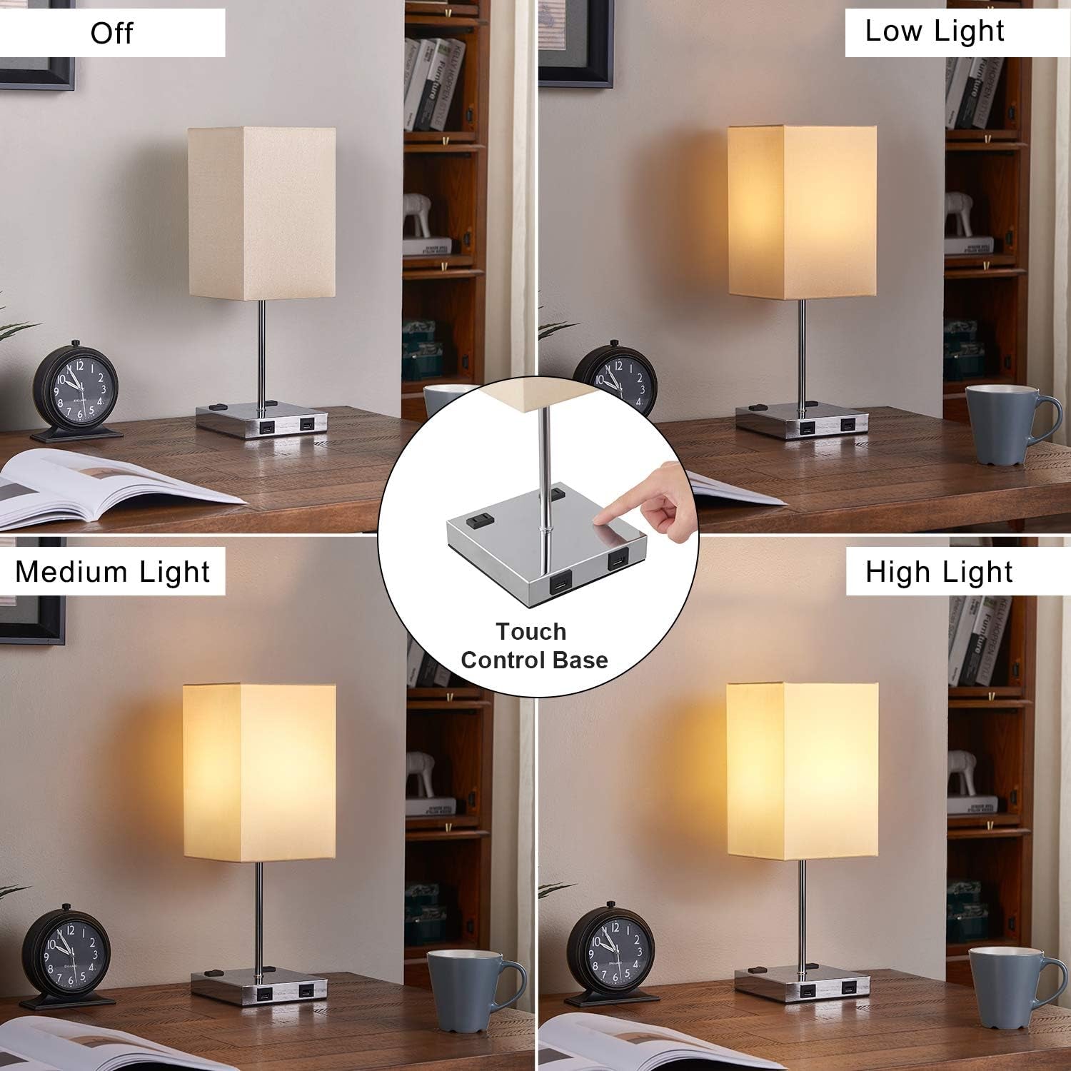 USB Touch Table Lamp, 3 Way Touch Control Bedside Lamp with Dual USB Charging Ports & Dual 2-Pin Outlet, Gold Lampshade and Sliver Base, E26 Base 2700K Warm White LED Bulb Included