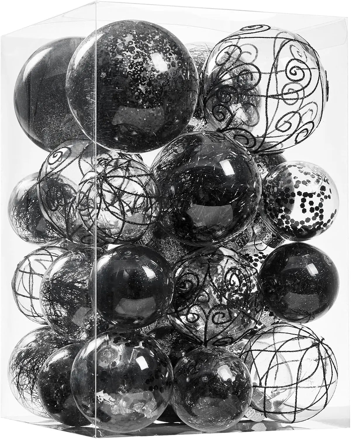 Christmas Ball Ornaments Shatterproof Clear Large Plastic Hanging Ball Decorative Baubles Set with Stuffed Delicate Decorations (Multi-Size, Black)