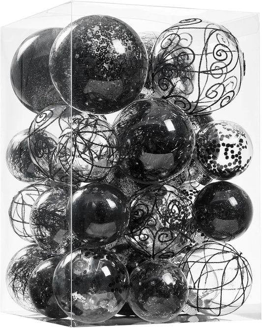 Christmas Ball Ornaments Shatterproof Clear Large Plastic Hanging Ball Decorative Baubles Set with Stuffed Delicate Decorations (Multi-Size, Black)