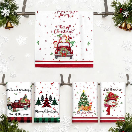 5Pcs Christmas Kitchen Towel Dish Towels and Dishcloths Merry Christmas Tree Reindeer Truck Santa Claus Cartoon Design 15 X 23 Inch Holiday Home Indoor Bathroom Party Noel Decorations Hand Towels Gift Supplies