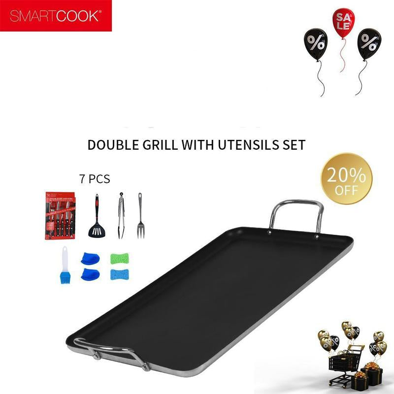 Smartcook 19" Nonstick Dual Burner Griddle & Grill Pan Set with Utensils - Durable, Versatile Cookware, Silicone Handles, Perfect for Gourmet Cooking Stove Fry