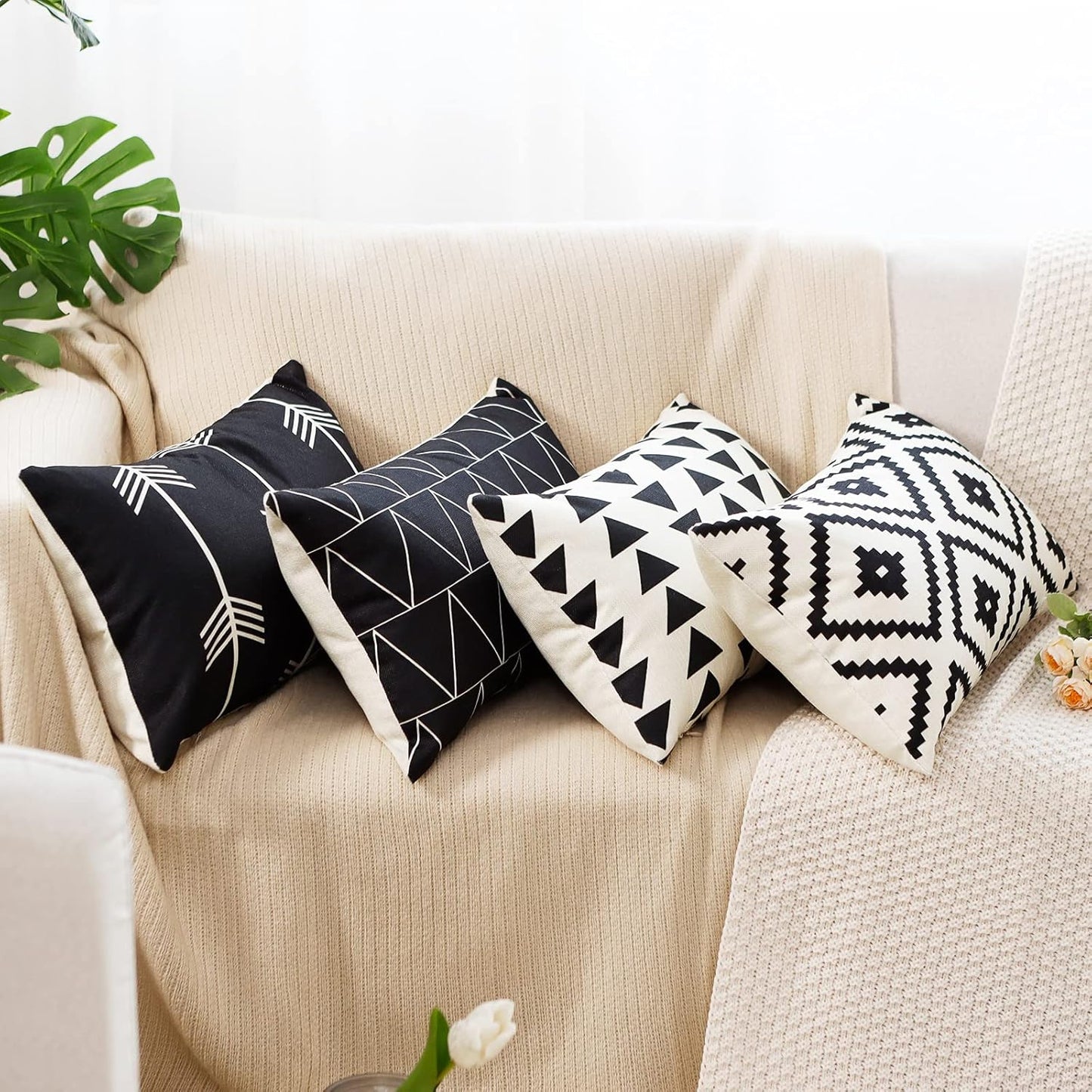 Set of 4 Decorative Geometric 12 X 20 Inches Throw Pillow Covers - Modern Pattern Linen Rectangle Pillow Cushion Case for Sofa Couch Bed Home Outdoor Car (12" X 20", Black)