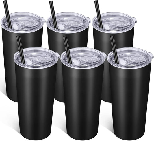 20Oz Tumbler Bulk with Lid and Straw 6 Pack, Stainless Steel Vacuum Insulated Tumbler, Double Wall Coffee Cup Travel Mug, Black