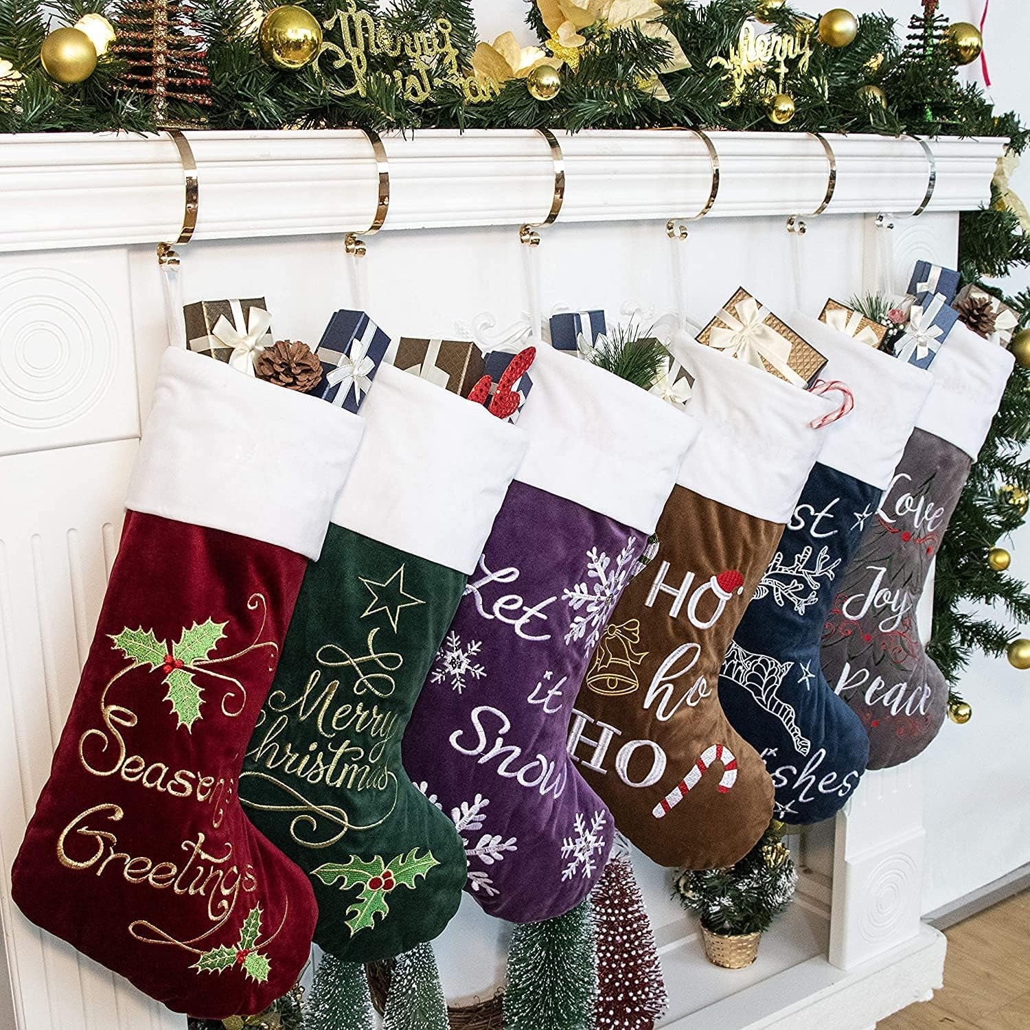 Christmas Stockings 6 Pack for Family 22" Large Embroidered Classic Luxury Velvet Red Green Purple Blue Grey Brown Decorations for Fireplace Xmas Season (Set of 6)