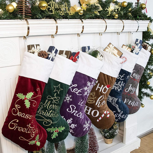 Christmas Stockings 6 Pack for Family 22" Large Embroidered Classic Luxury Velvet Red Green Purple Blue Grey Brown Decorations for Fireplace Xmas Season (Set of 6)
