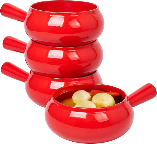 17 Oz round Soup Bowl with Handle Set of 4, 17 Ounce Small French Onion Soup Crocks in Red Color for Kitchen or Dinner Table Decoration