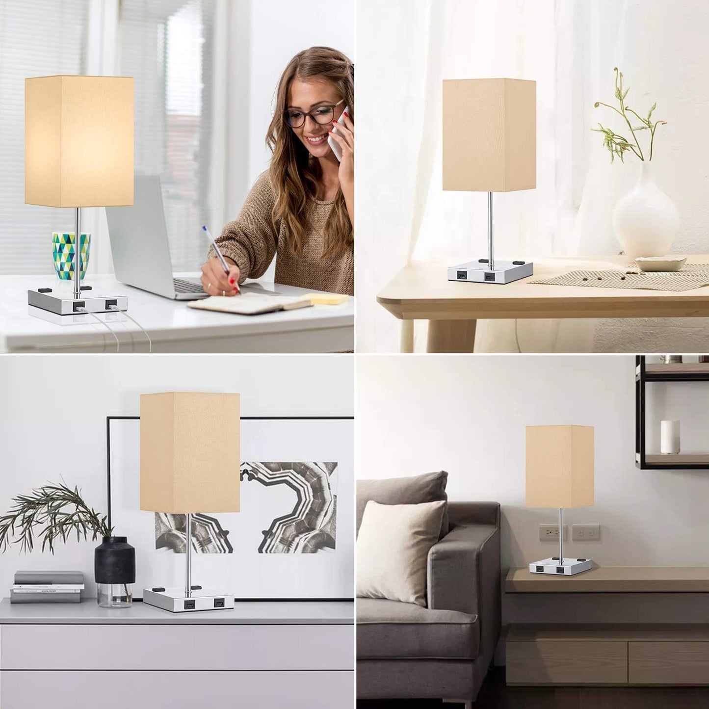 USB Touch Table Lamp, 3 Way Touch Control Bedside Lamp with Dual USB Charging Ports & Dual 2-Pin Outlet, Gold Lampshade and Sliver Base, E26 Base 2700K Warm White LED Bulb Included