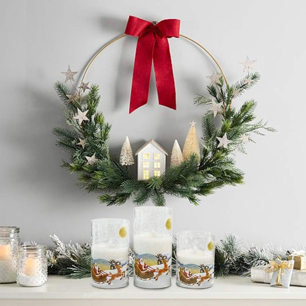 Santa Claus Glass Flameless Candles Battery Operated Remote and Timer Real Wax LED Flickering Pillar Candles White Cold Light Window Christmas Holiday Decor D3 X H4, 5", 6"