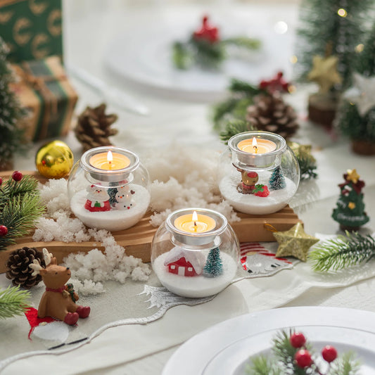 Set of 3 Santa Claus Tealight Candle Holders: Christmas Decor with Red Hat White Beard Festive Tabletop Decorations Holiday Gift