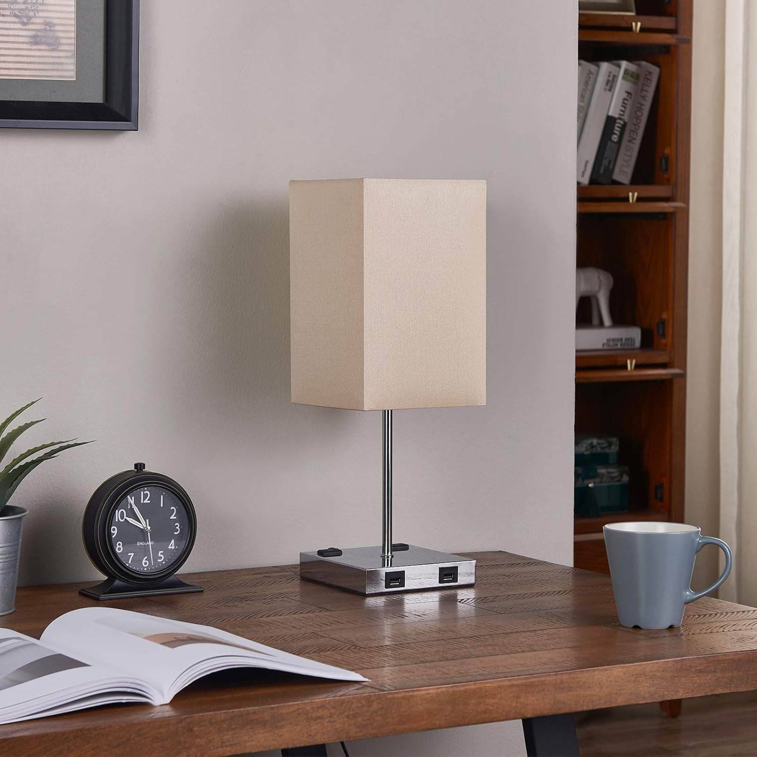 USB Touch Table Lamp, 3 Way Touch Control Bedside Lamp with Dual USB Charging Ports & Dual 2-Pin Outlet, Gold Lampshade and Sliver Base, E26 Base 2700K Warm White LED Bulb Included