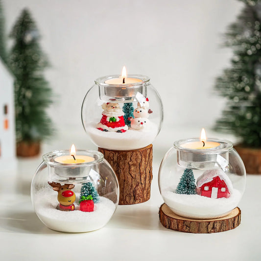 Set of 3 Santa Claus Tealight Candle Holders: Christmas Decor with Red Hat White Beard Festive Tabletop Decorations Holiday Gift