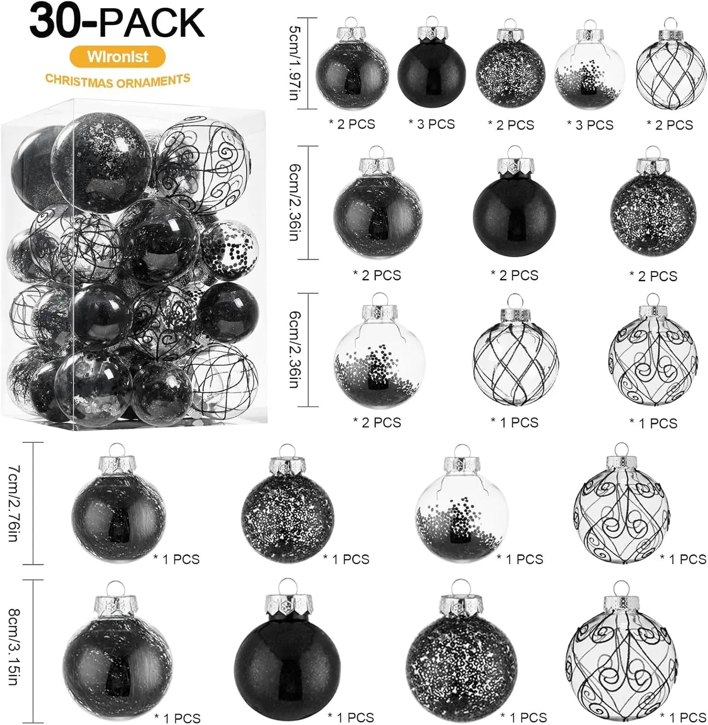 Christmas Ball Ornaments Shatterproof Clear Large Plastic Hanging Ball Decorative Baubles Set with Stuffed Delicate Decorations (Multi-Size, Black)