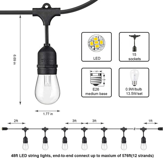 48Ft LED Outdoor String Lights with 0.9W Shatterproof Bulbs for Patio, Backyard, Porch, Commercial Light String