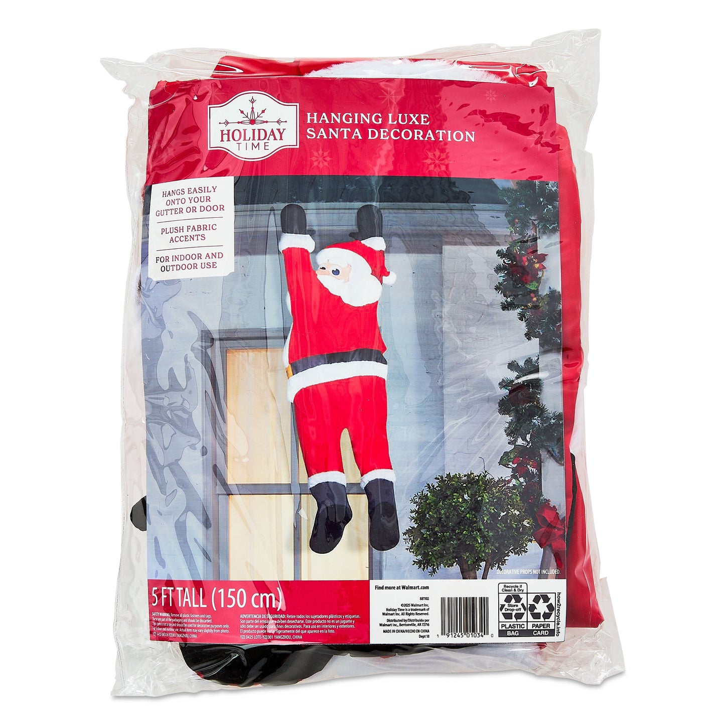 Hanging Luxe Santa Outdoor Christmas Decoration, Red and White, 5', by