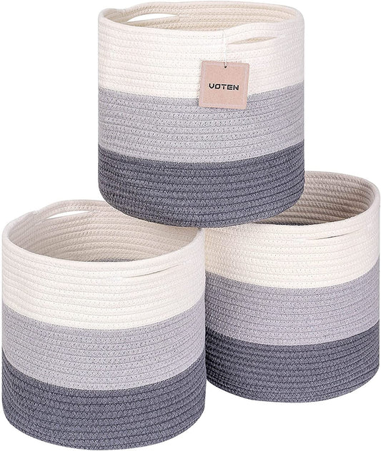 Woven Cotton Rope round 11X11X11'' Storage Cubes Baskets Bins Organizer, 3-Tone Gray, 3-Pack