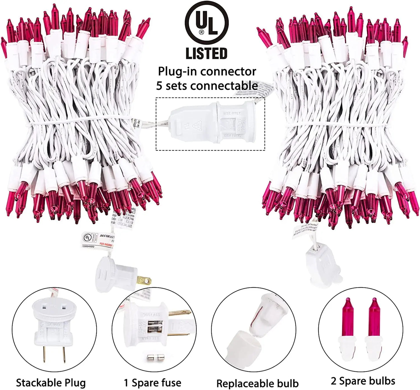 Christmas Pink Mini String Lights - 100 Count 25 Feet Detachable Incandescent Bulb Waterproof Fairy Lights Plug in for Indoor Outdoor Party Patio Xmas Tree Valentine'S Day Decoration, White Wire