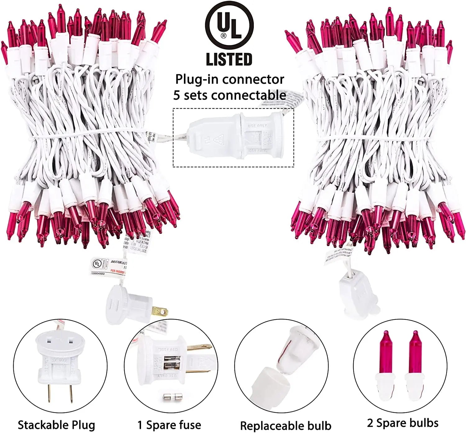 Christmas Pink Mini String Lights - 100 Count 25 Feet Detachable Incandescent Bulb Waterproof Fairy Lights Plug in for Indoor Outdoor Party Patio Xmas Tree Valentine'S Day Decoration, White Wire