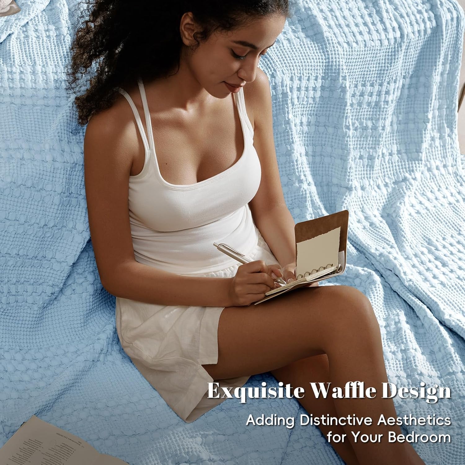 100% Cotton Waffle Weave Blanket Queen Size for Bed, Soft Lightweight & Breathable, All-Season Comfort, Luxury Aesthetic Woven Bedding for Home Decor, 90"X90", Baby Blue