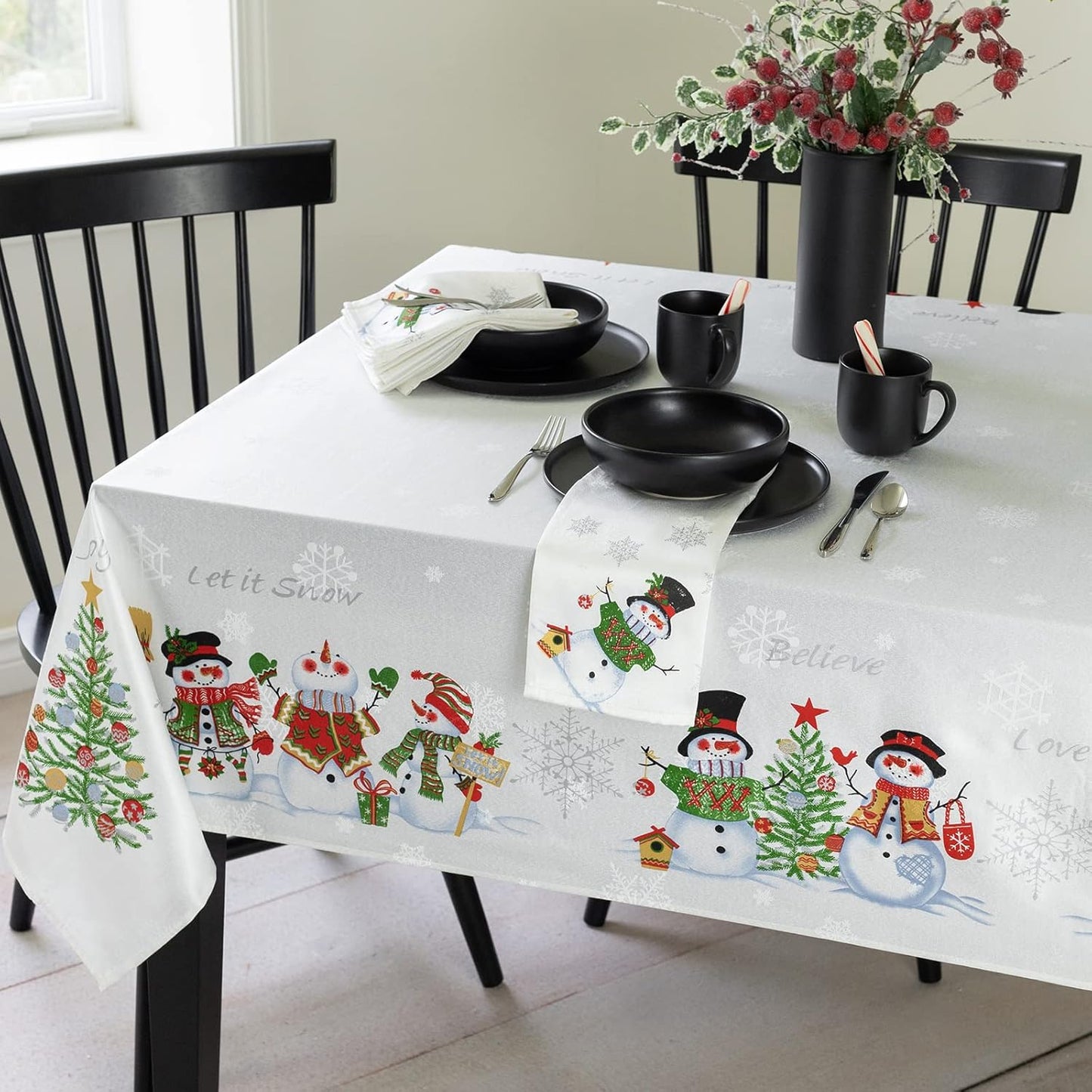 Believe Snowman Engineered Printed Jacquard Fabric Christmas Table Cloth, Christmas Tablecloth for All Winter and Holiday (60" X 84" Rectangular, Believe Snowman)