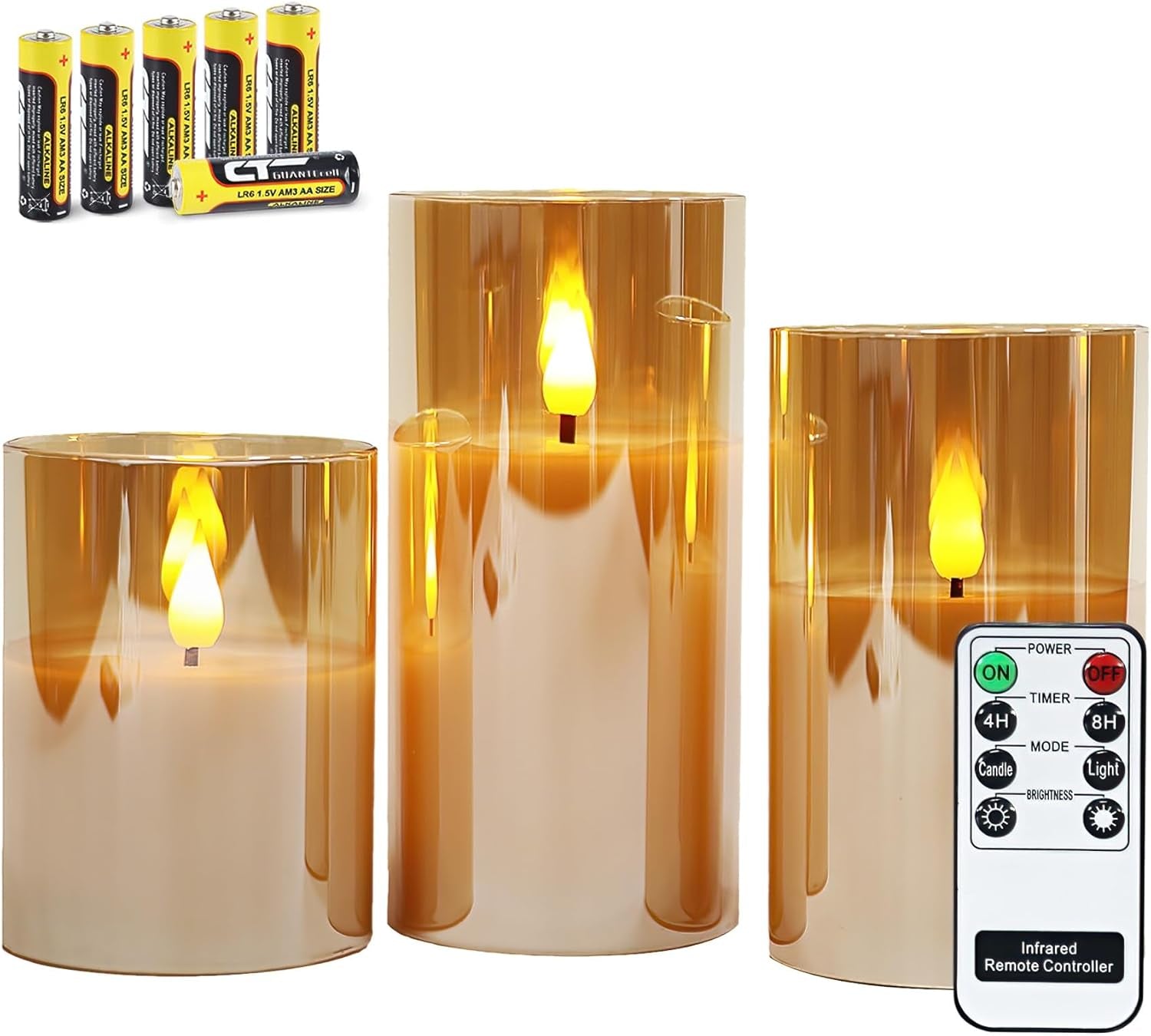 Gold Glass Battery Operated Candles with Remote, Flameless LED Candle Gift Set, Warm White Light - Include 6 Batteries