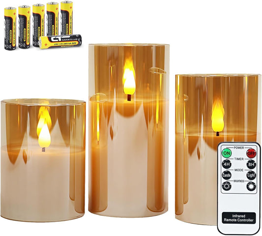 Gold Glass Battery Operated Candles with Remote, Flameless LED Candle Gift Set, Warm White Light - Include 6 Batteries