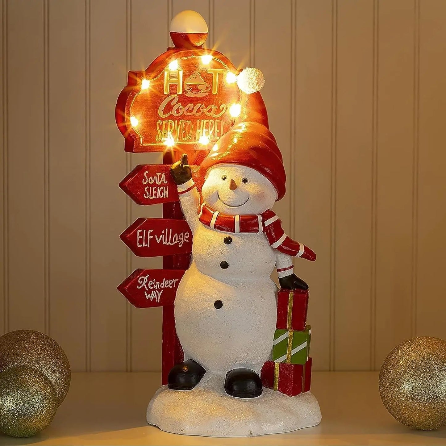 Christmas Snowman Decor with Hot Cocoa Signpost Christmas Figurines Resin Snowman Lighted Decorations LED Holiday Light up Snowman Indoor Festive Fiber Optic Decorations