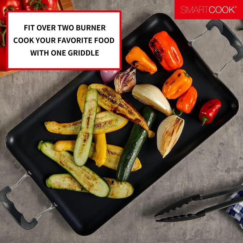 Smartcook 19" Nonstick Dual Burner Griddle & Grill Pan Set with Utensils - Durable, Versatile Cookware, Silicone Handles, Perfect for Gourmet Cooking Stove Fry