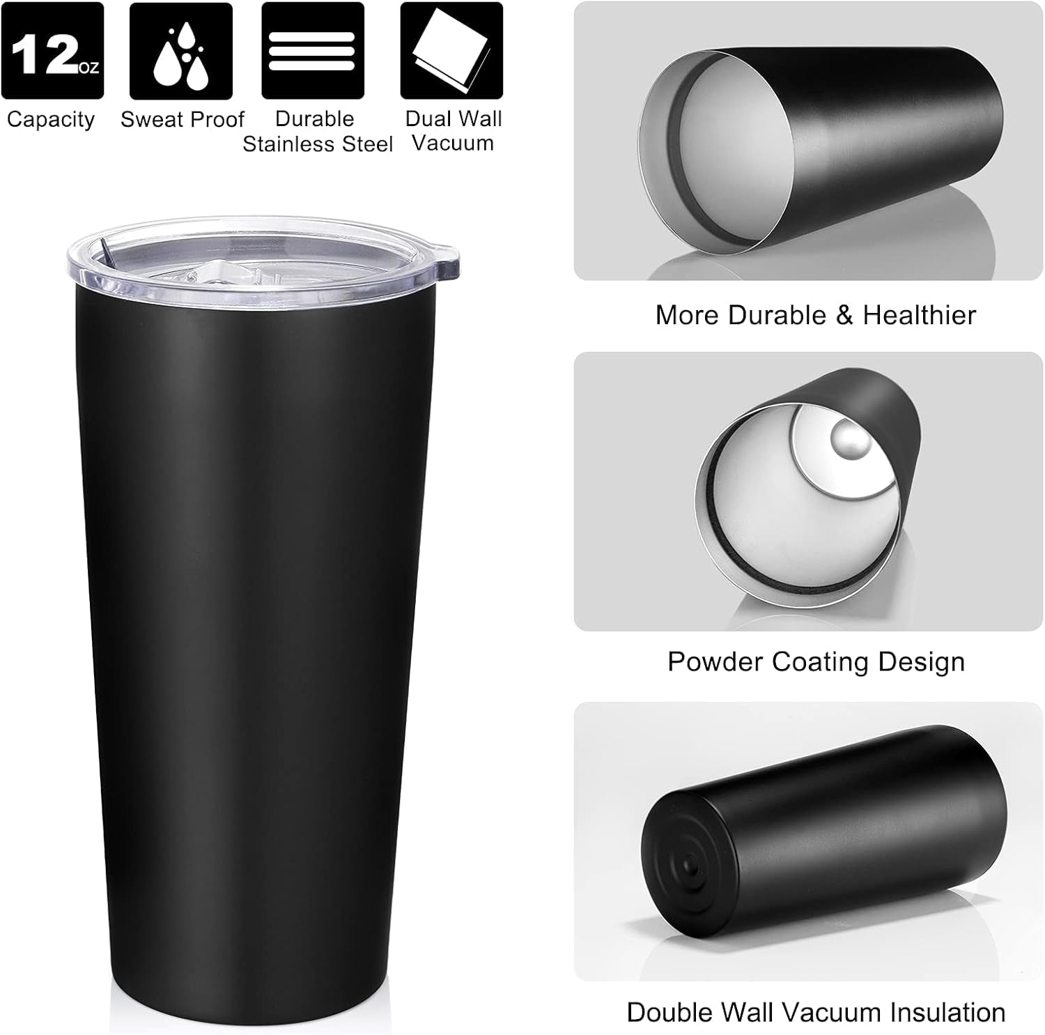 20Oz Tumbler Bulk with Lid and Straw 6 Pack, Stainless Steel Vacuum Insulated Tumbler, Double Wall Coffee Cup Travel Mug, Black