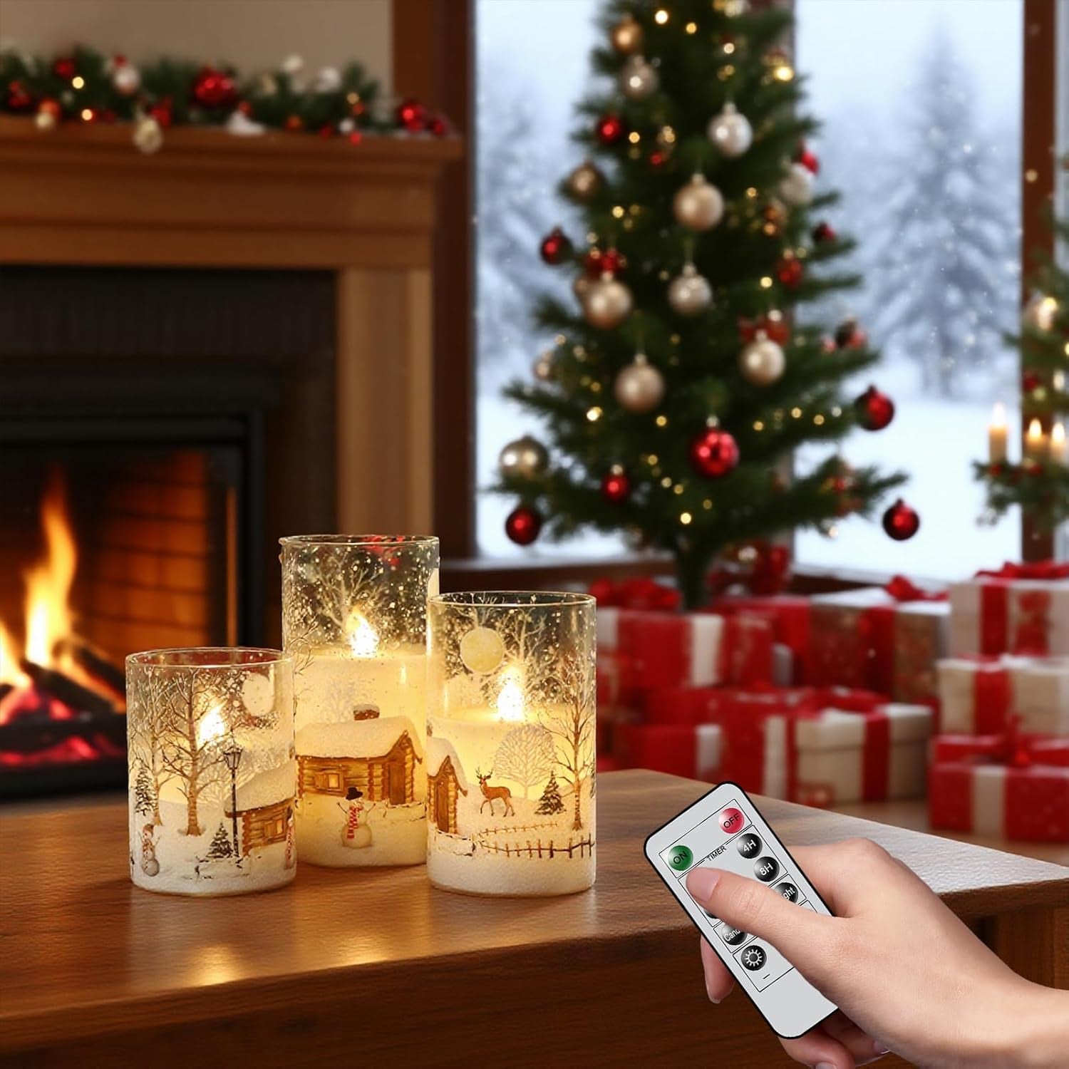 Snowman Glass Flameless Candles Battery Operated with Remote and Timer Real Wax LED Flickering Pillar Candles White Cold Light Window Christmas Holiday Decor D3 X 4",5",6"