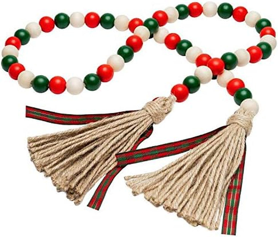 Christmas Wood Beads Garland, 41’’ Xmas Wood Bead Garland Tassel Classical Green&Red Garland Winter Farmhouse Rustic Beads with Jute Rope Plaid Tassel Natural Wood Beads Décor for New Year