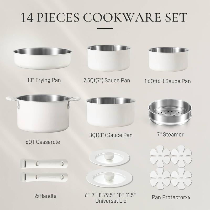 [Official] CAROTE 10/14Pcs Pots and Pans Set, Stainless Steel Kitchen Cookware Set Detachable Handle, Induction Cookware Sets, Dishwasher/Oven Safe, Black