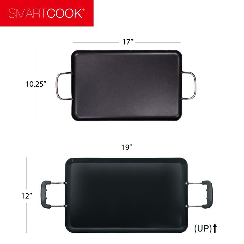 Smartcook 19" Nonstick Dual Burner Griddle & Grill Pan Set with Utensils - Durable, Versatile Cookware, Silicone Handles, Perfect for Gourmet Cooking Stove Fry