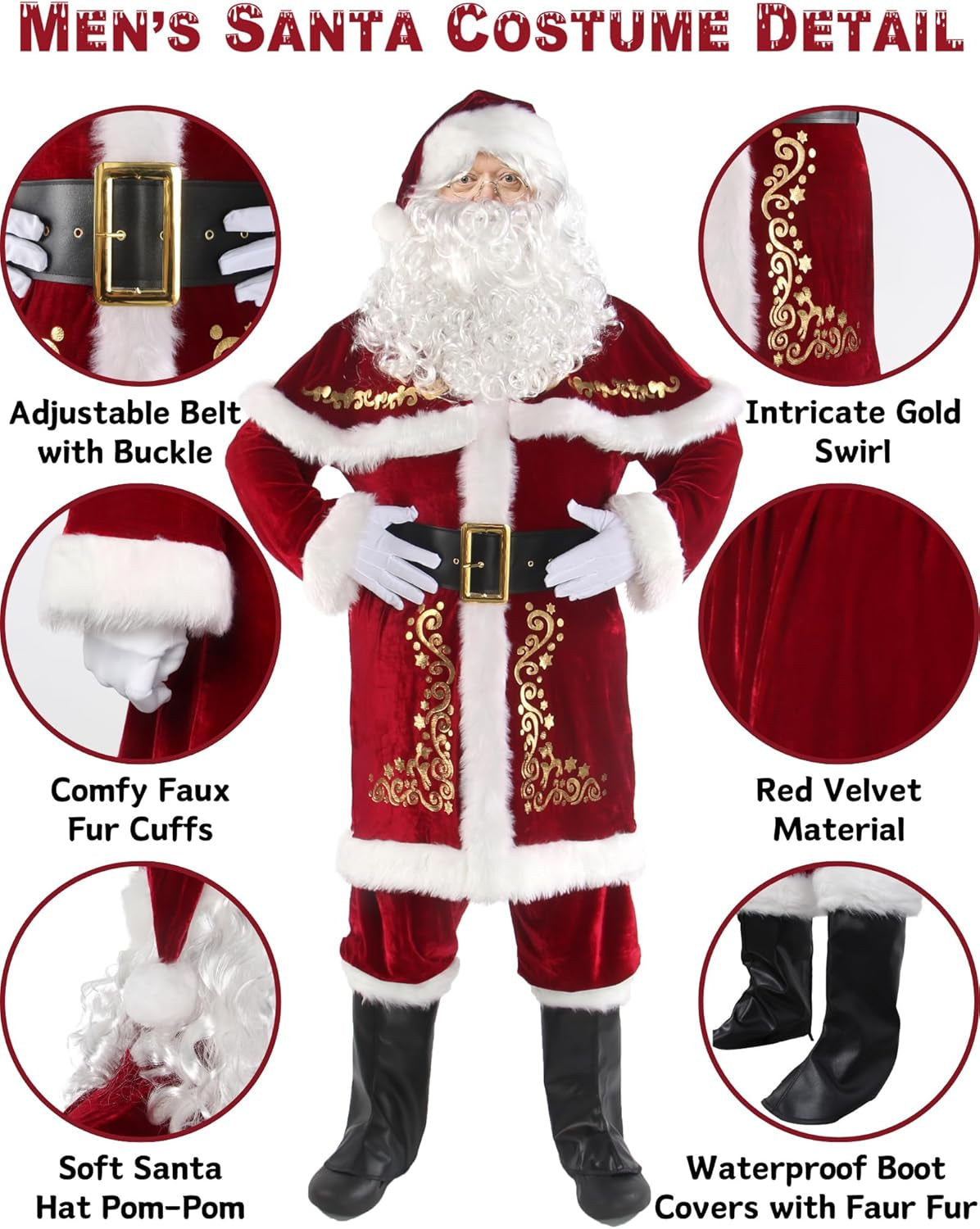 Men’S Santa Costume Set Christmas 12Pcs Deluxe Velvet Adult Santa Claus Suit