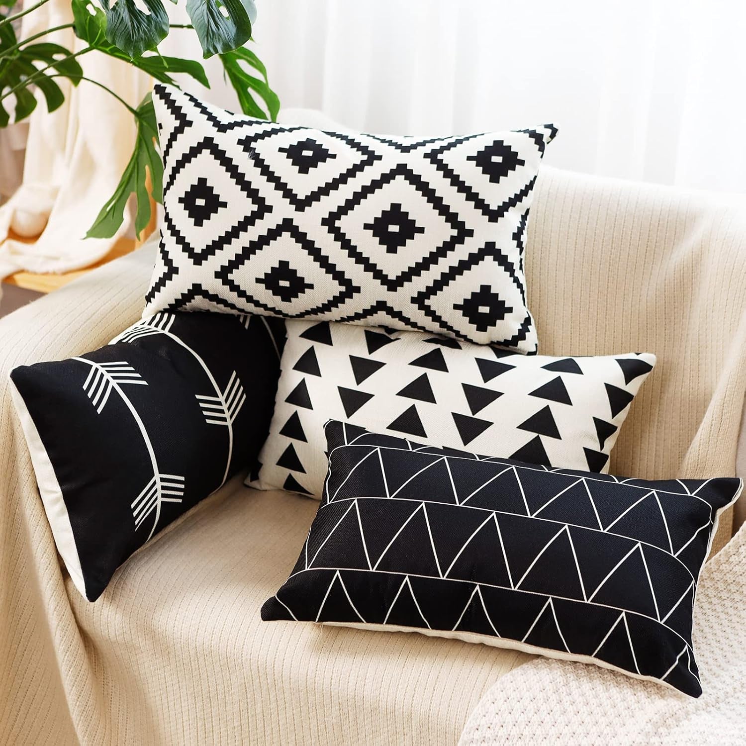 Set of 4 Decorative Geometric 12 X 20 Inches Throw Pillow Covers - Modern Pattern Linen Rectangle Pillow Cushion Case for Sofa Couch Bed Home Outdoor Car (12" X 20", Black)