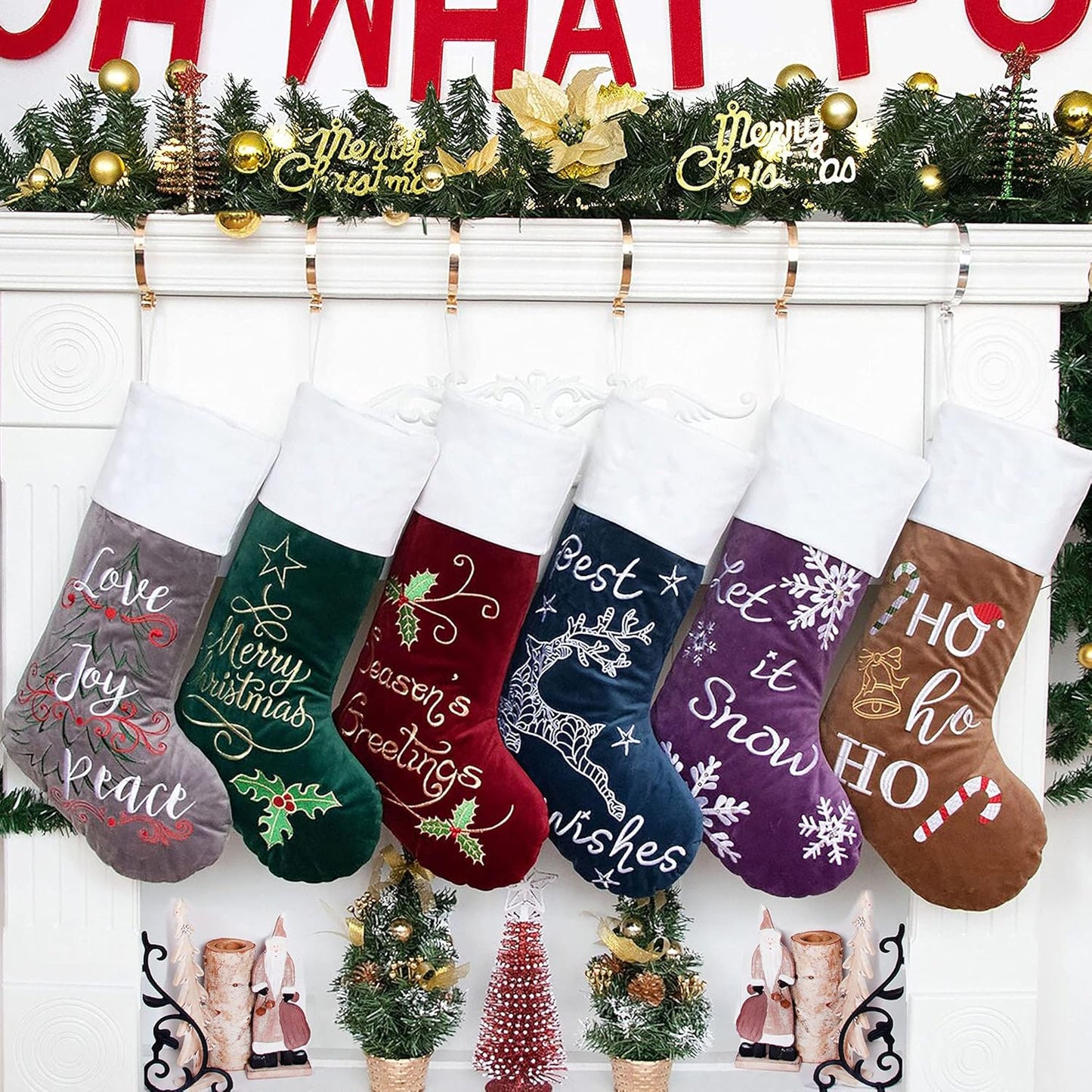 Christmas Stockings 6 Pack for Family 22" Large Embroidered Classic Luxury Velvet Red Green Purple Blue Grey Brown Decorations for Fireplace Xmas Season (Set of 6)