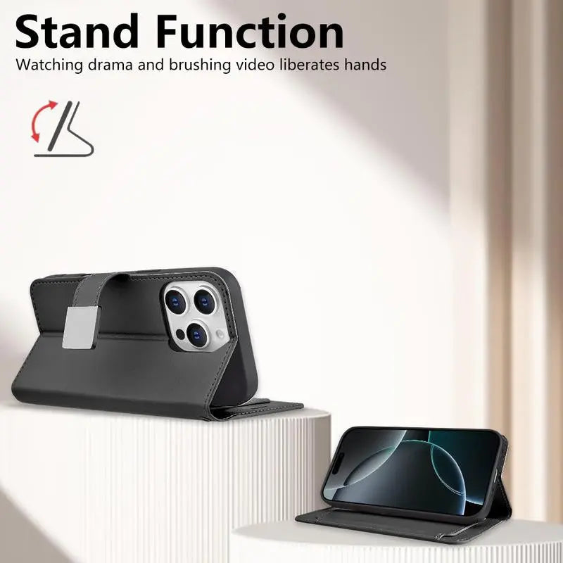 Happydeal Bi-Fold High Quality Synthetic Leather Wallet Credit Card Holder Stand Cover Case with Strap for Apple Iphone 16 Pro MAX