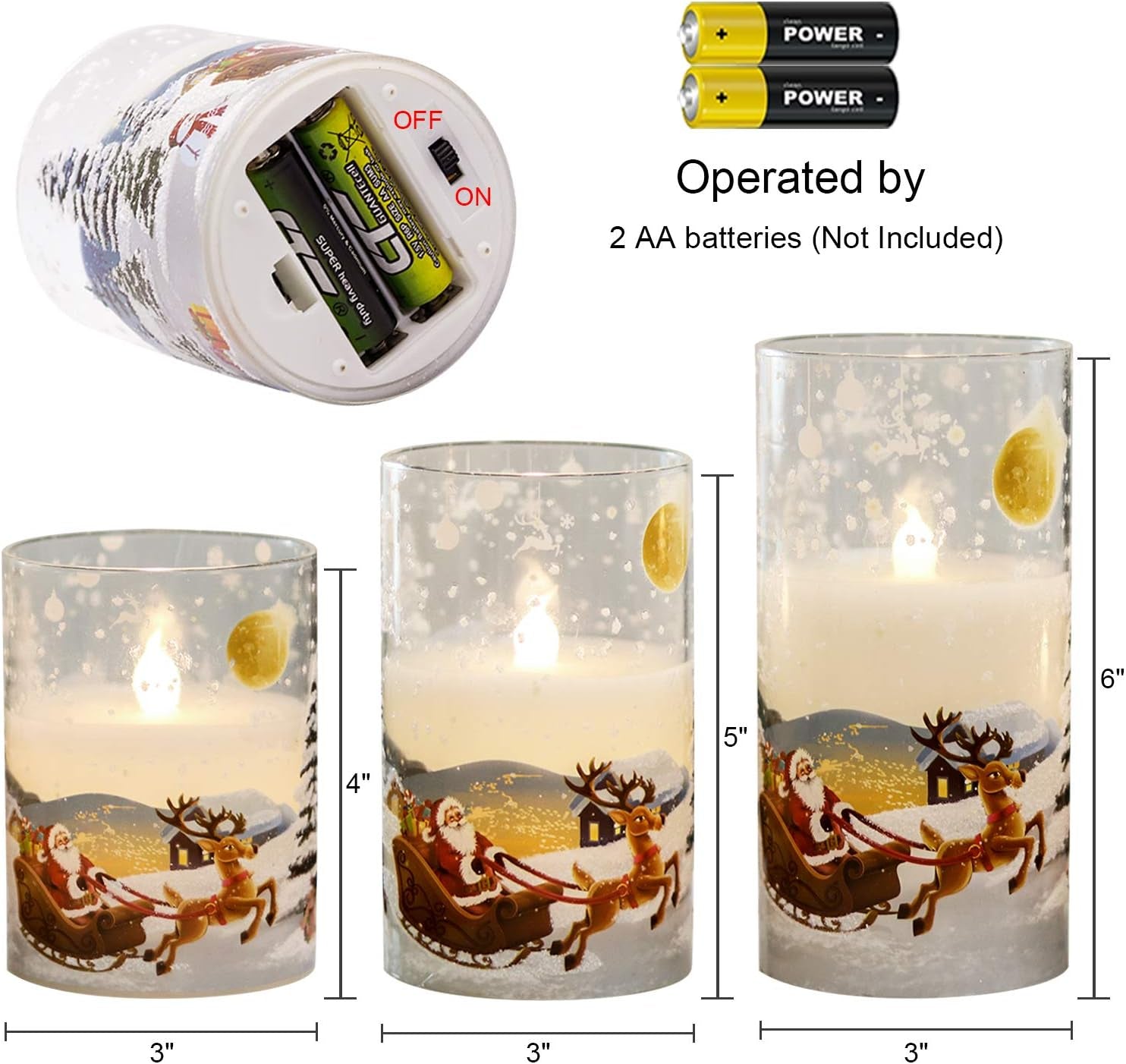 Santa Claus Glass Flameless Candles Battery Operated Remote and Timer Real Wax LED Flickering Pillar Candles White Cold Light Window Christmas Holiday Decor D3 X H4, 5", 6"