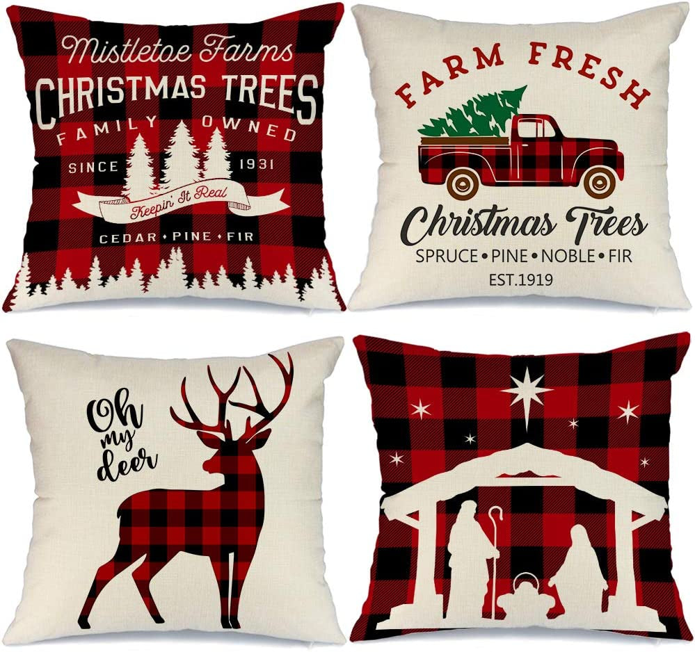 AENEY Buffalo Plaid Christmas Pillow Covers 20X20 Set of 4 Christmas Pillows Xmas Winter Holiday Throw Pillows Deer Farmhouse Christmas Decor Red Truck Christmas Decorations for Couch A265-20