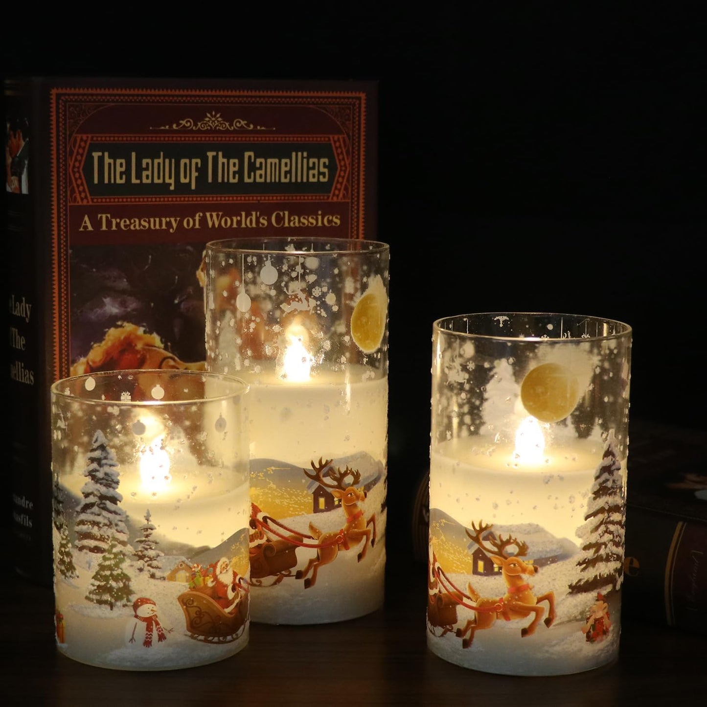 Santa Claus Glass Flameless Candles Battery Operated Remote and Timer Real Wax LED Flickering Pillar Candles White Cold Light Window Christmas Holiday Decor D3 X H4, 5", 6"