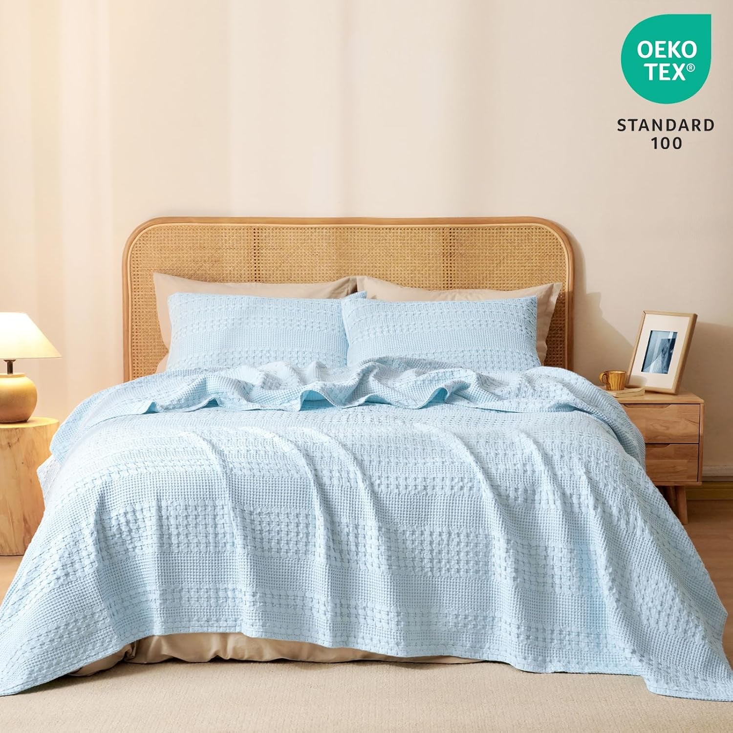 100% Cotton Waffle Weave Blanket Queen Size for Bed, Soft Lightweight & Breathable, All-Season Comfort, Luxury Aesthetic Woven Bedding for Home Decor, 90"X90", Baby Blue