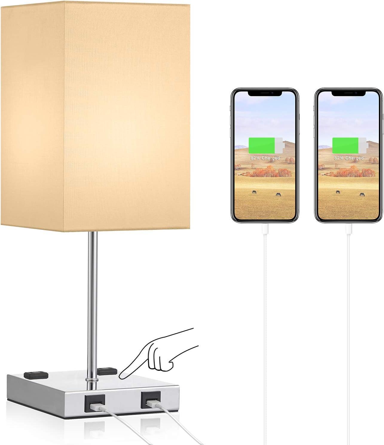 USB Touch Table Lamp, 3 Way Touch Control Bedside Lamp with Dual USB Charging Ports & Dual 2-Pin Outlet, Gold Lampshade and Sliver Base, E26 Base 2700K Warm White LED Bulb Included