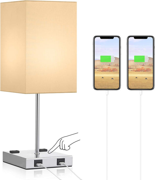 USB Touch Table Lamp, 3 Way Touch Control Bedside Lamp with Dual USB Charging Ports & Dual 2-Pin Outlet, Gold Lampshade and Sliver Base, E26 Base 2700K Warm White LED Bulb Included