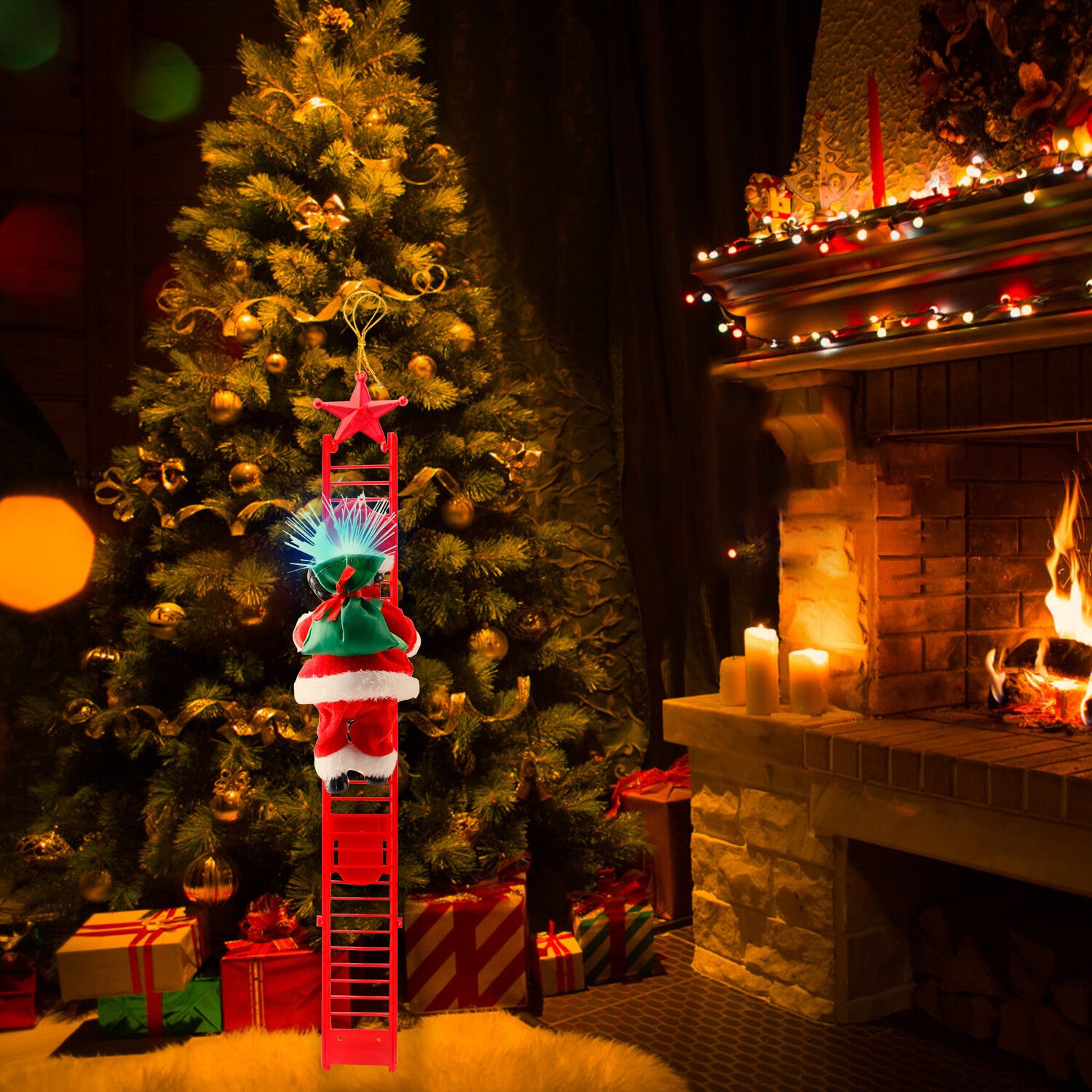 Electric Christmas Santa Claus Climbing Rope Ladder Musical Toy Xmas Gift Decor