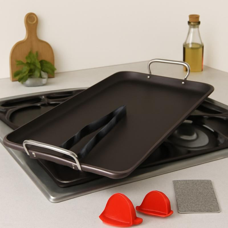 Smartcook 19" Nonstick Dual Burner Griddle & Grill Pan Set with Utensils - Durable, Versatile Cookware, Silicone Handles, Perfect for Gourmet Cooking Stove Fry