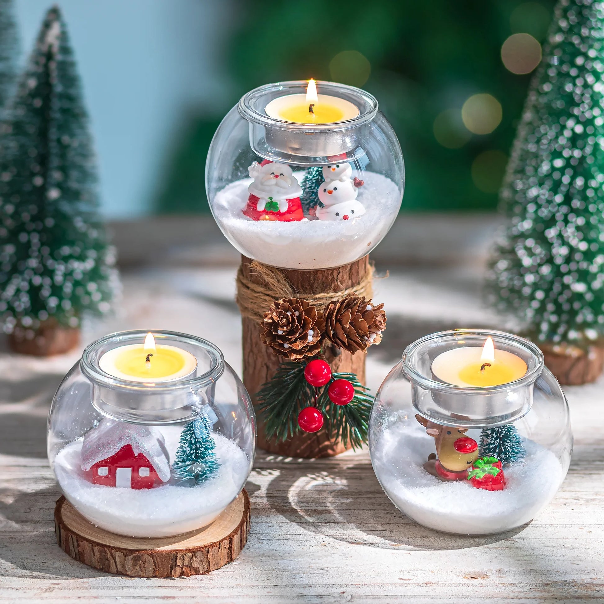 Set of 3 Santa Claus Tealight Candle Holders: Christmas Decor with Red Hat White Beard Festive Tabletop Decorations Holiday Gift