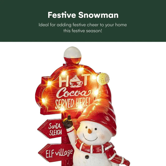 Christmas Snowman Decor with Hot Cocoa Signpost Christmas Figurines Resin Snowman Lighted Decorations LED Holiday Light up Snowman Indoor Festive Fiber Optic Decorations