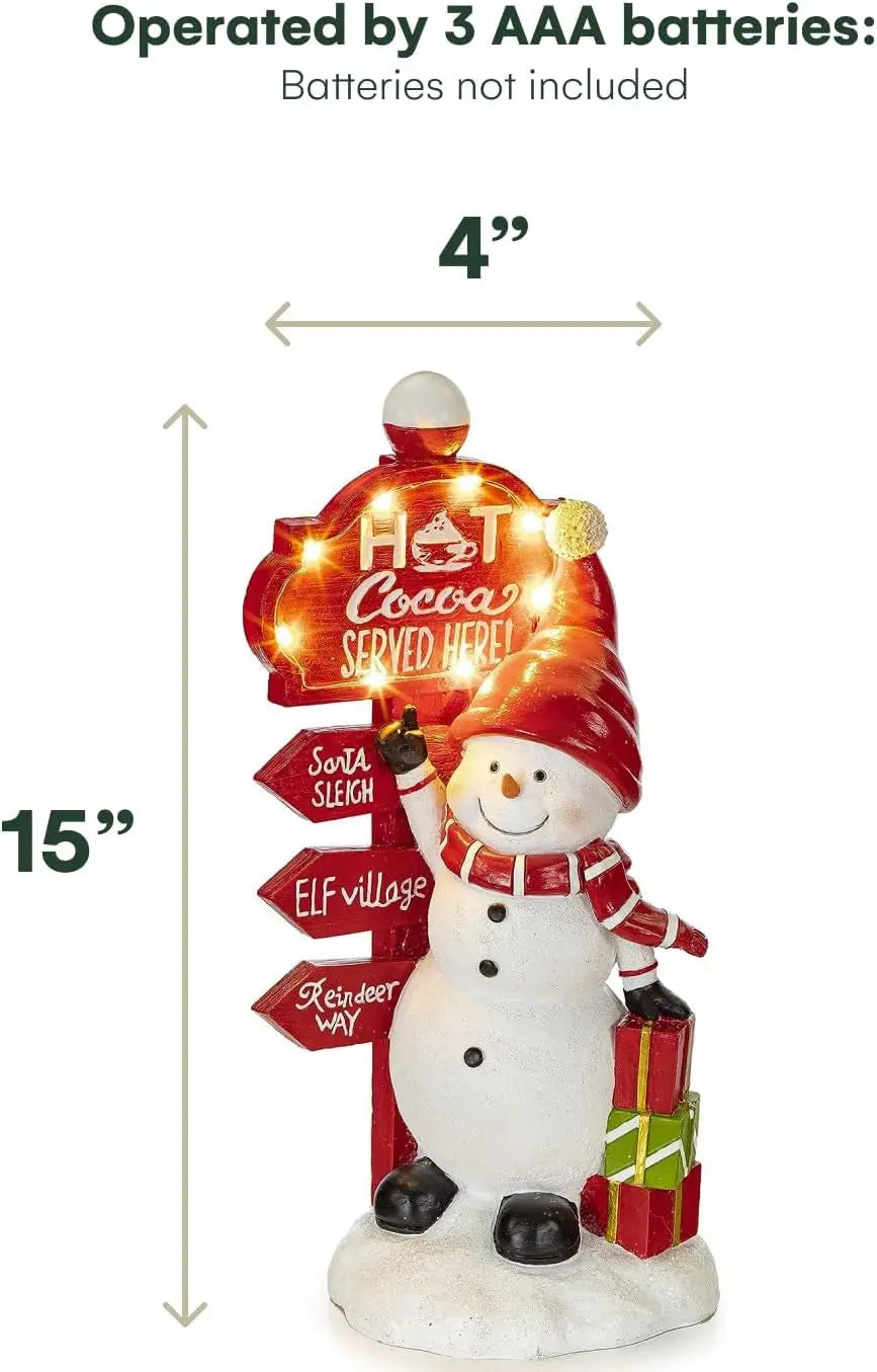 Christmas Snowman Decor with Hot Cocoa Signpost Christmas Figurines Resin Snowman Lighted Decorations LED Holiday Light up Snowman Indoor Festive Fiber Optic Decorations