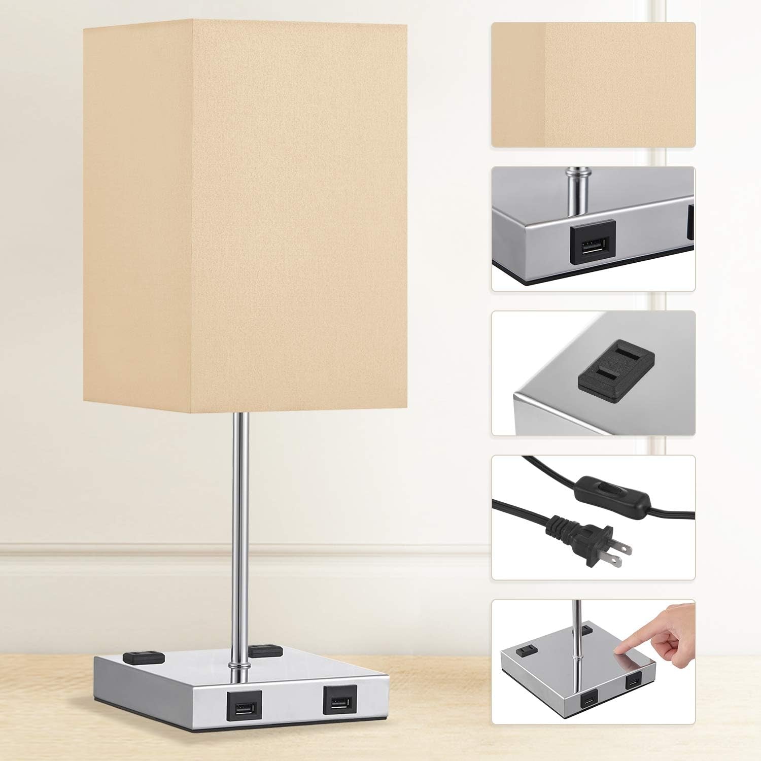 USB Touch Table Lamp, 3 Way Touch Control Bedside Lamp with Dual USB Charging Ports & Dual 2-Pin Outlet, Gold Lampshade and Sliver Base, E26 Base 2700K Warm White LED Bulb Included