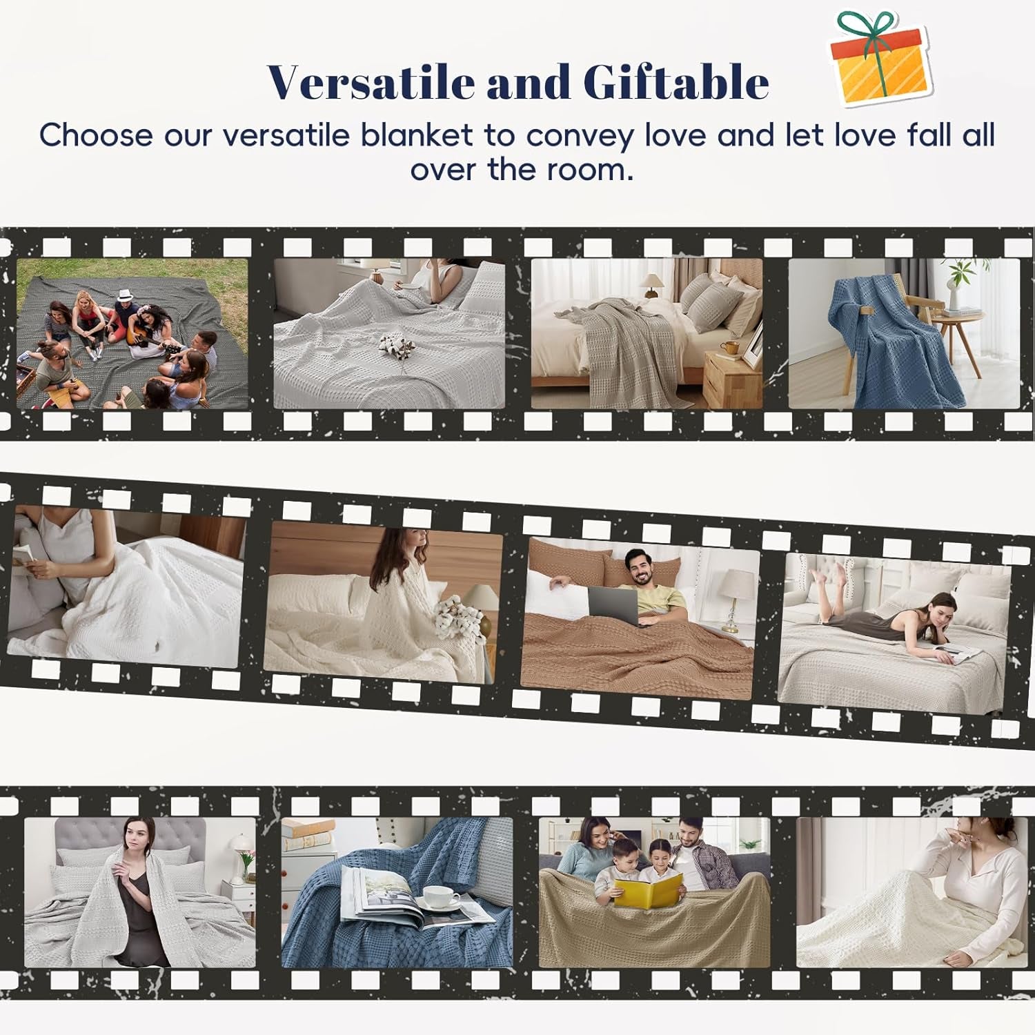 100% Cotton Waffle Weave Blanket Queen Size for Bed, Soft Lightweight & Breathable, All-Season Comfort, Luxury Aesthetic Woven Bedding for Home Decor, 90"X90", Baby Blue